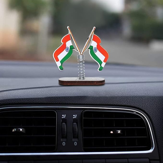 Wooden Spring Base Indian Flag for Car Dashboard Interior Desk Decoration and Office Table (Pack of 2)