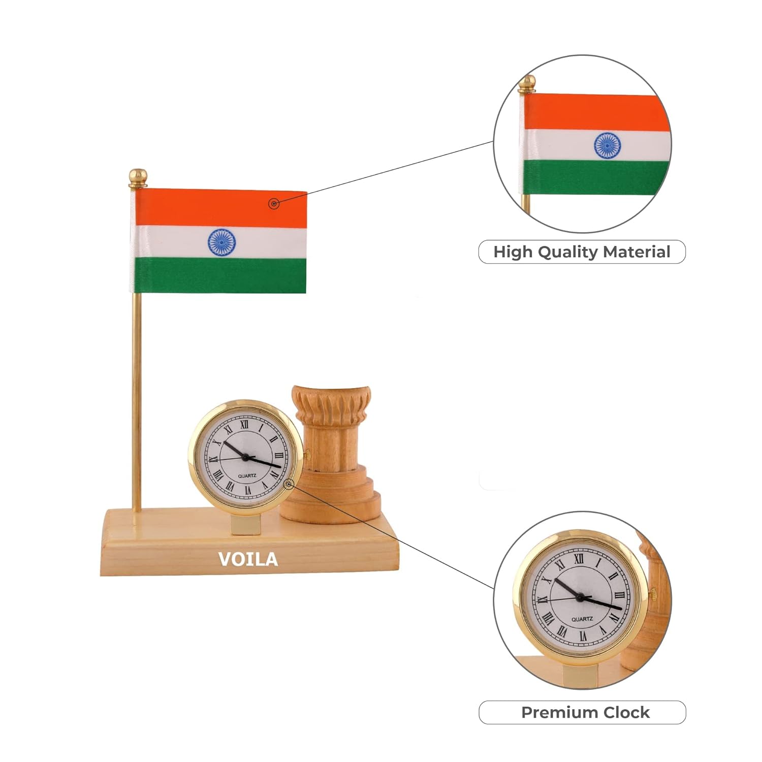 Indian Flag for Home Office and Vehicle (Auto,Car,Bus,Truck) Dashboad Wooden Carved Design with Single Stand Flag Clock