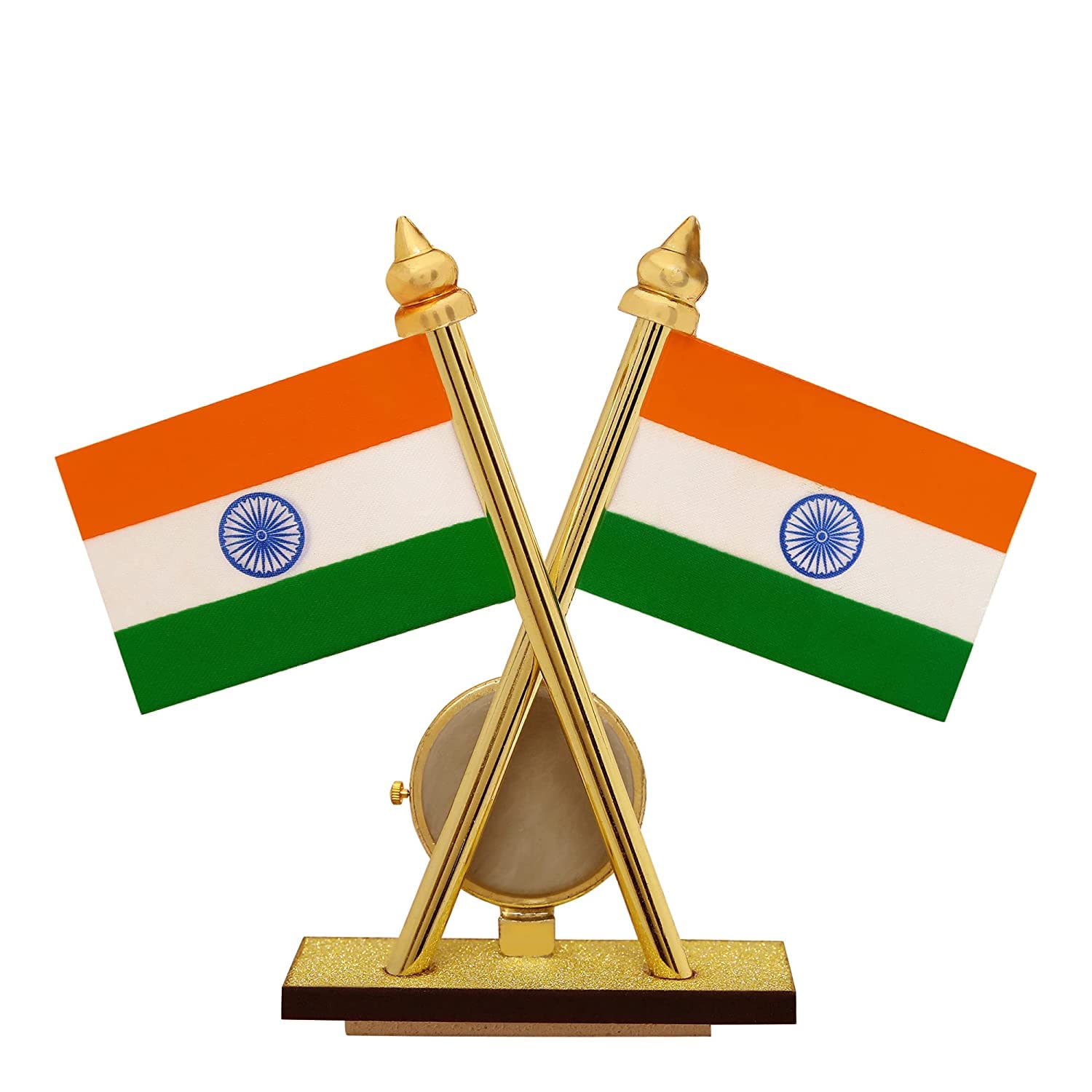 Indian Flag forVehicle (Auto,Car,Bus,Truck) Dashboard, Home and Office Decor Flag in Cross Design with Watch Stand