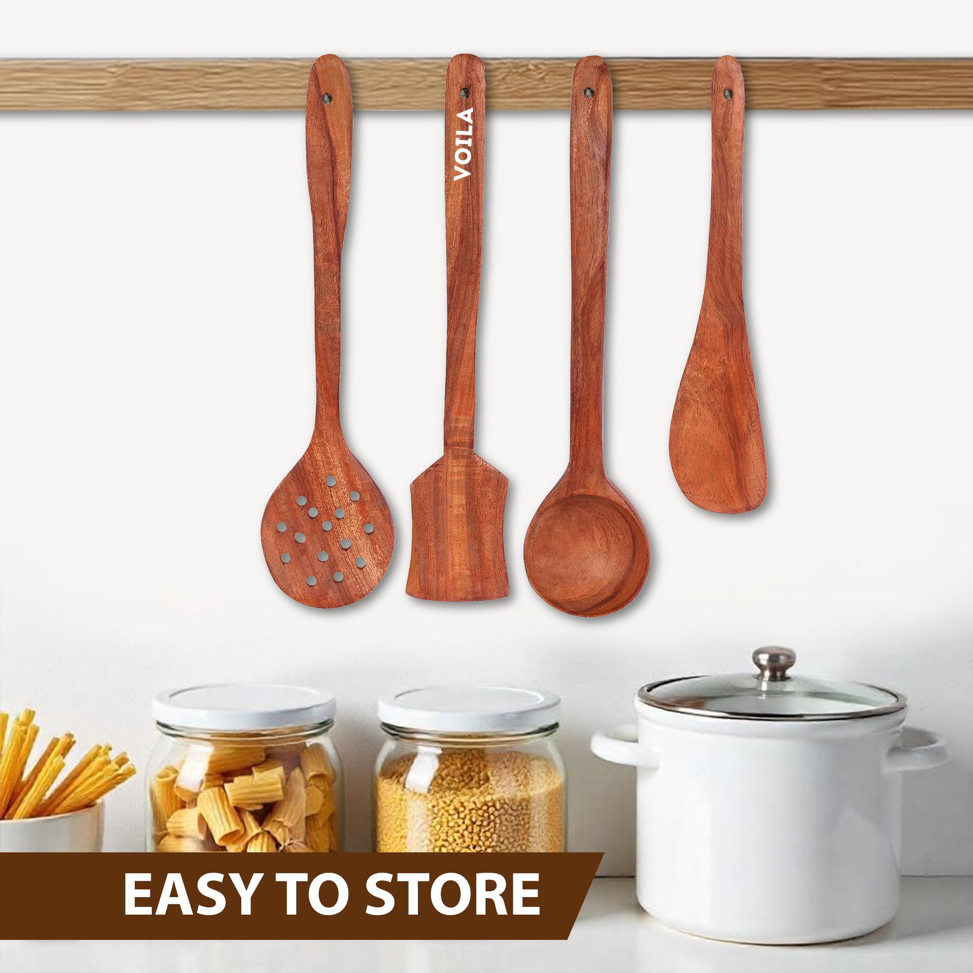 4-Piece Neem Wood Cooking Utensil Set – Non-Stick, Kitchen Tools (Slotted Turner, Flat Spatula, Ladle, Stirring Spoon