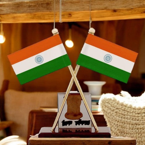 Indian Flag for Car Dashboard Study and Office Table Indian Satyamev Jayate Symbol Stand Cross Flags