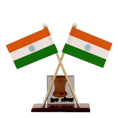 Indian Flag for Car Dashboard Study and Office Table Indian Satyamev Jayate Symbol Stand Cross Flags