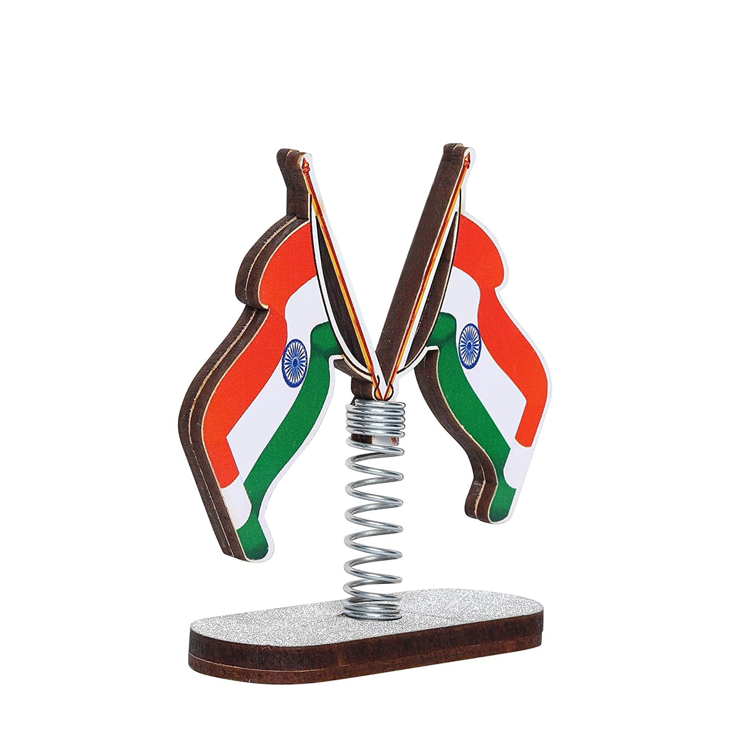 Wooden Spring Base Indian Flag for Car Dashboard Interior Desk Decoration and Office Table (Pack of 2)