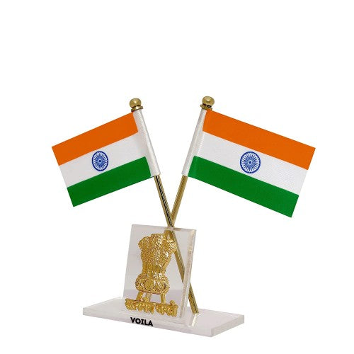 Indian Flag for Car Dashboard, Home and Office Table India Cross Flag with Rectangle Emblem Design