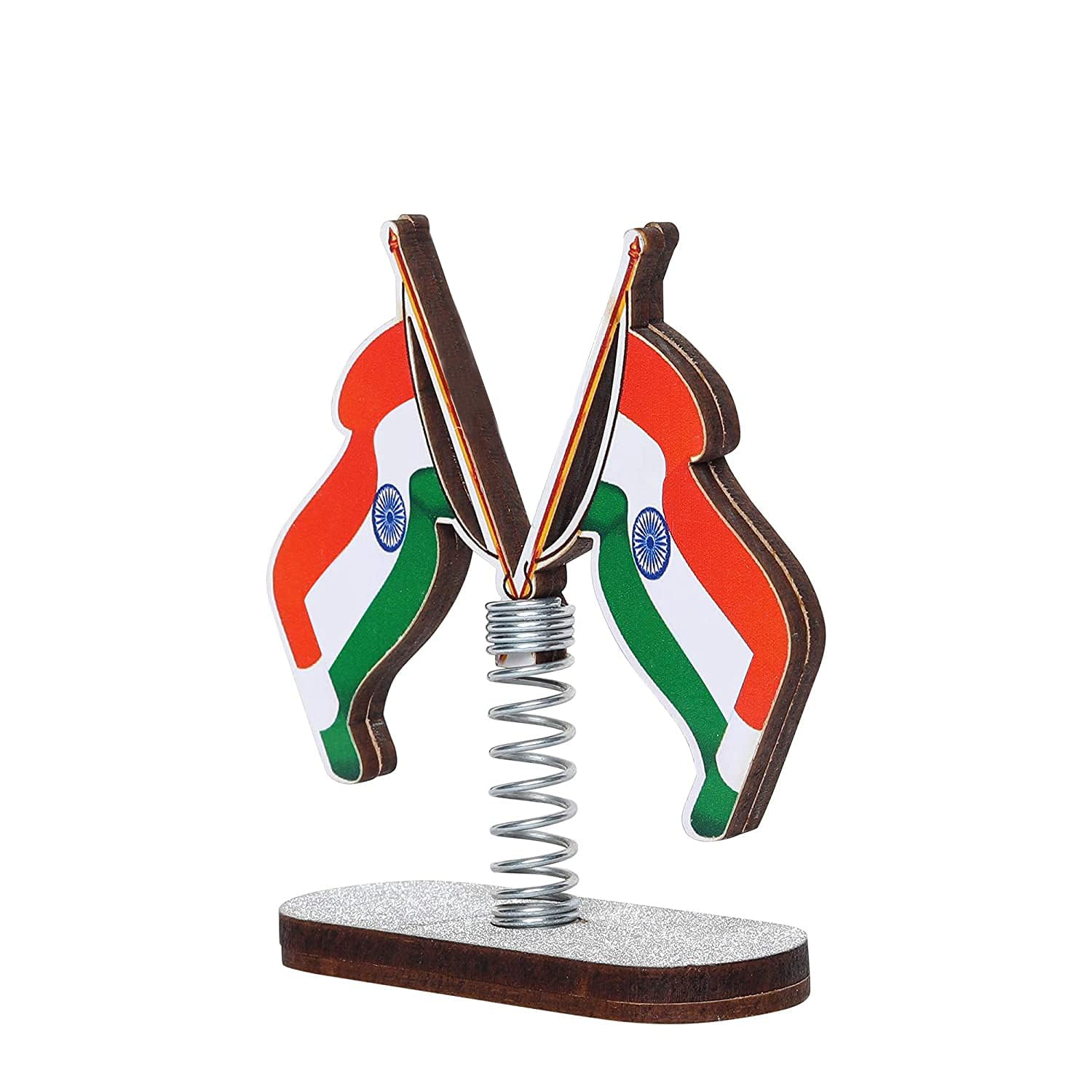 Wooden Spring Base Indian Flag for Car Dashboard Interior Desk Decoration and Office Table (Pack of 2)