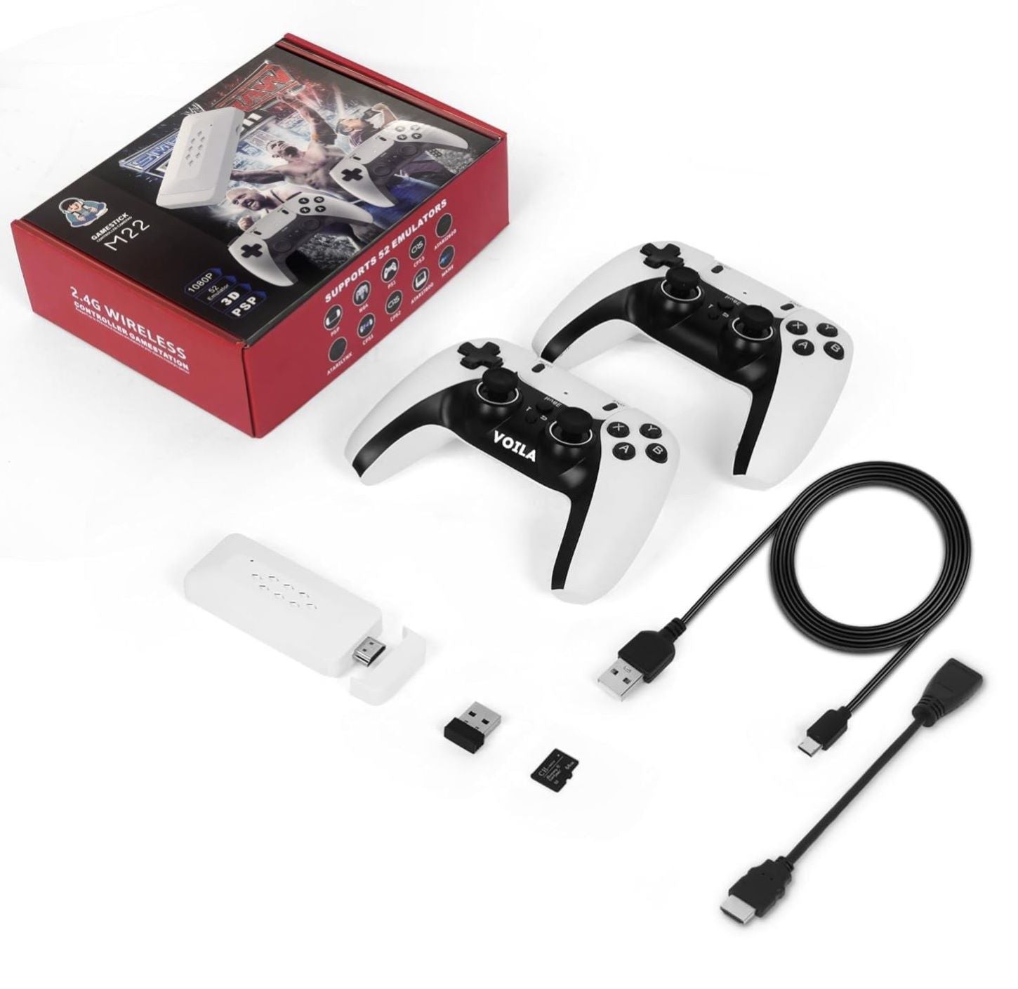VOILA M22 V2.5 Retro Gaming Console, Wireless Controller, 30,000+ Games, 1080P HD, 64GB Storage, TV Stick for All Ages. CE, ROHS and BIS Certified, Original Unit.