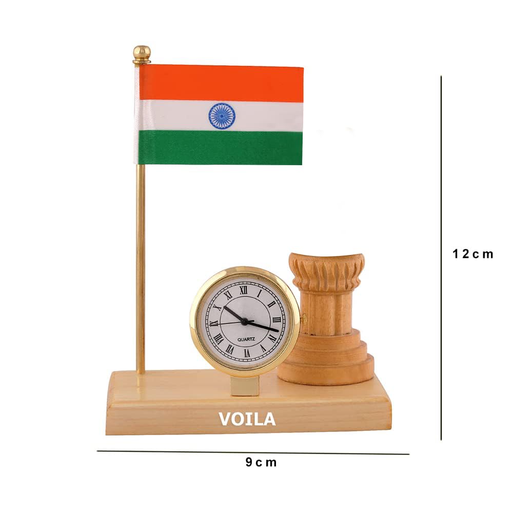 Indian Flag for Home Office and Vehicle (Auto,Car,Bus,Truck) Dashboad Wooden Carved Design with Single Stand Flag Clock