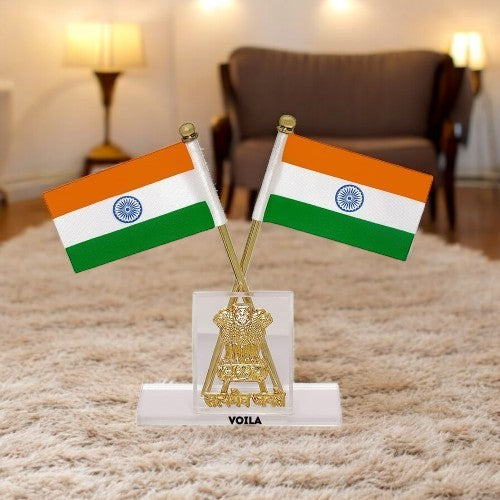 Indian Flag for Car Dashboard, Home and Office Table India Cross Flag with Rectangle Emblem Design