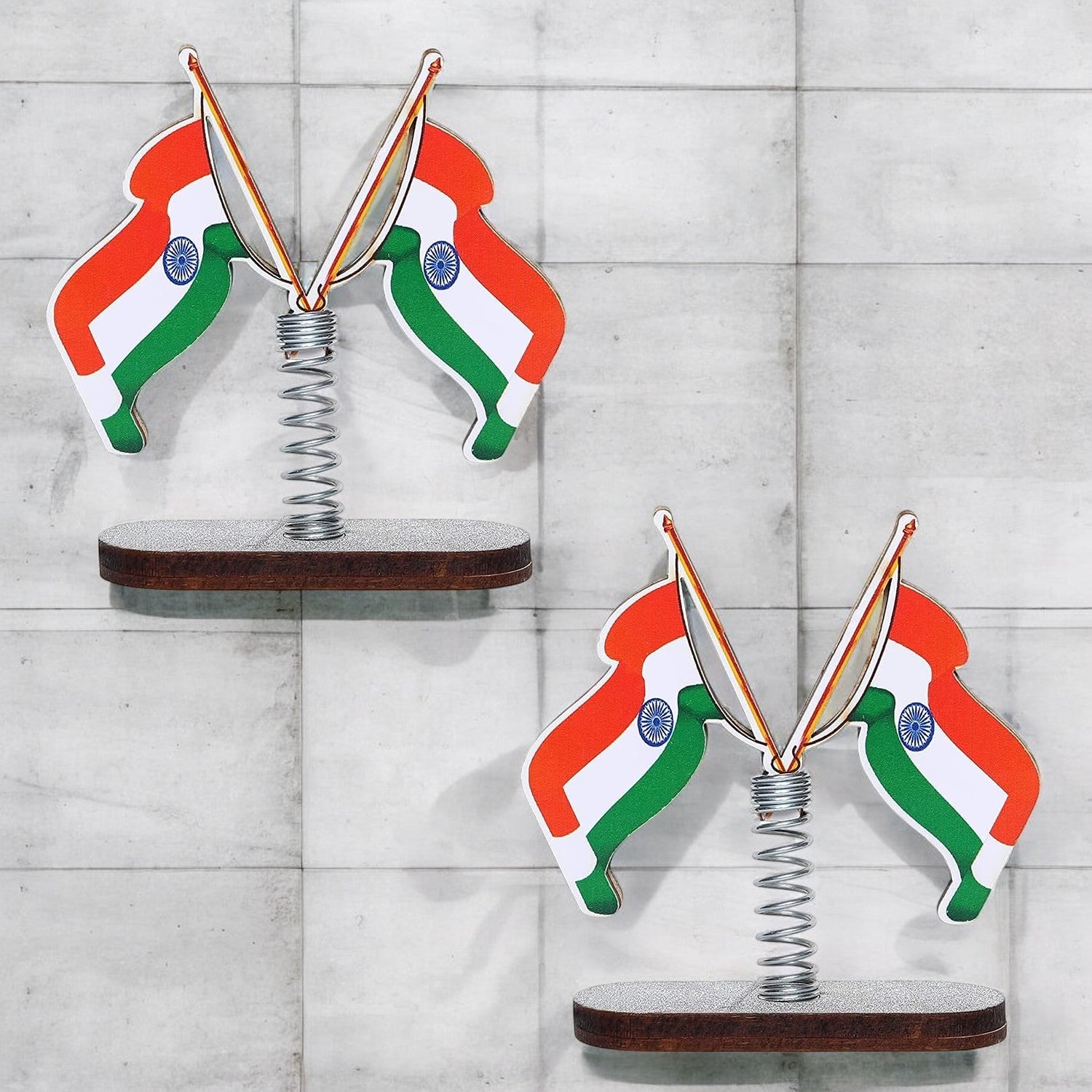 Wooden Spring Base Indian Flag for Car Dashboard Interior Desk Decoration and Office Table (Pack of 2)