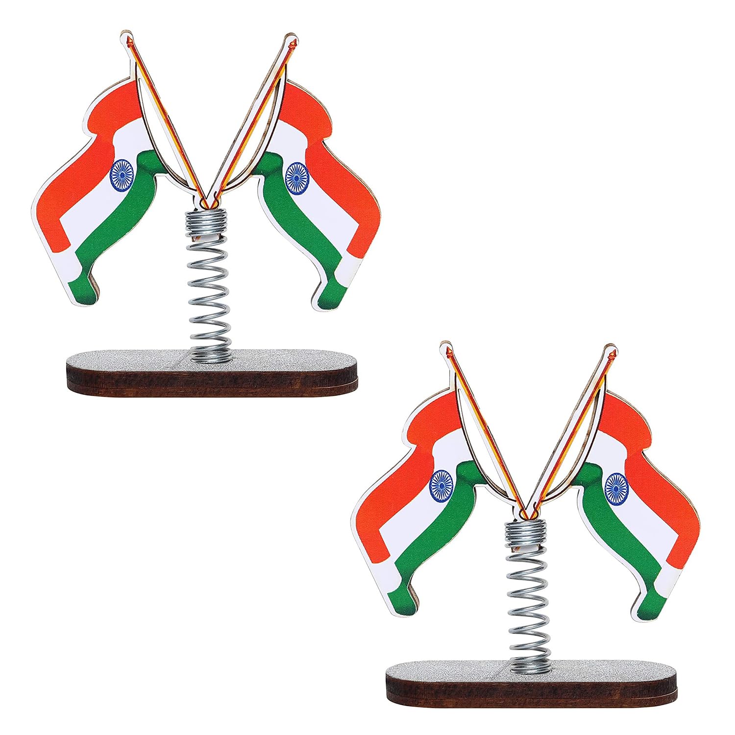 Wooden Spring Base Indian Flag for Car Dashboard Interior Desk Decoration and Office Table (Pack of 2)