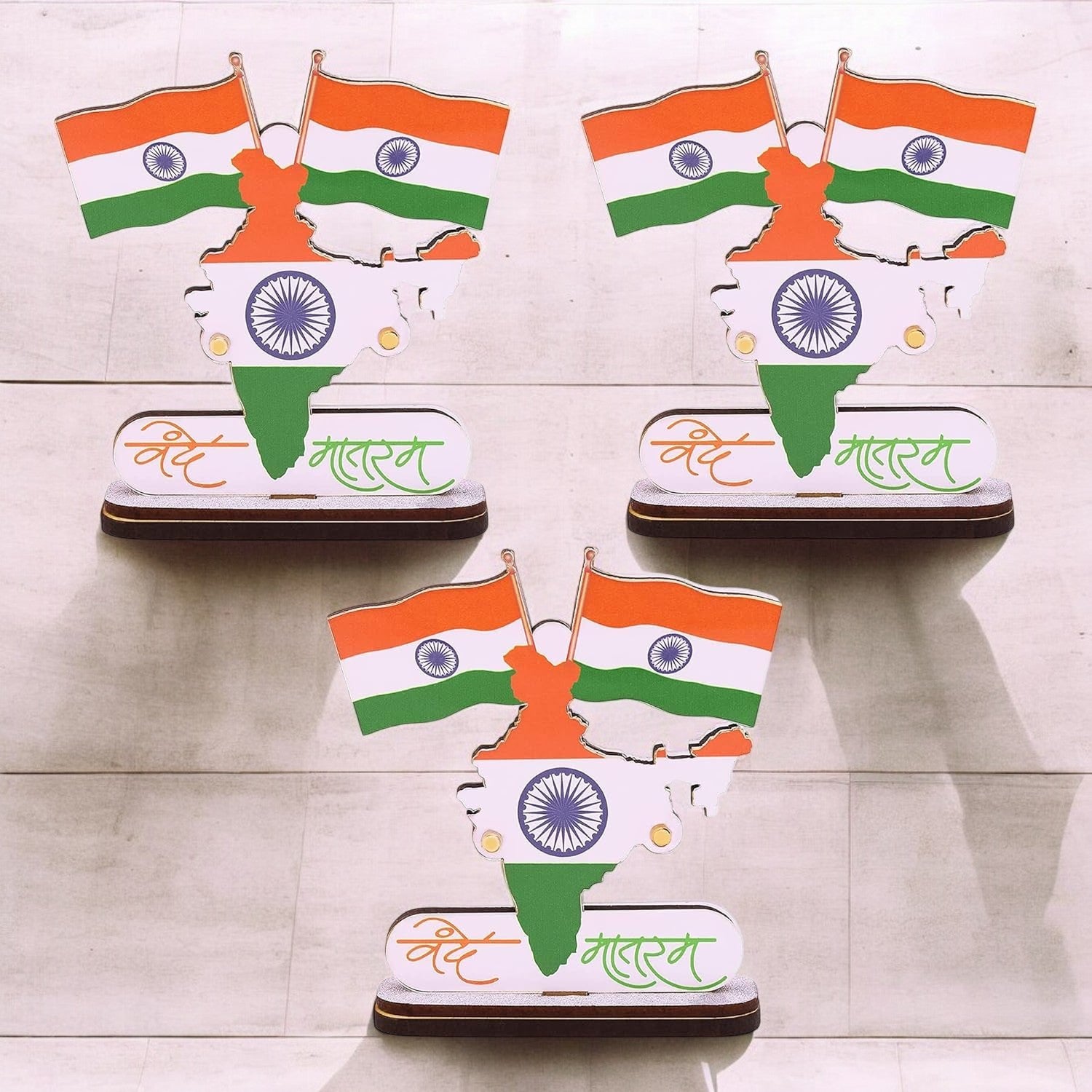 Indian Flags with Vande Mataram Wood Stand for Car Dashboard  (Pack Of 3)