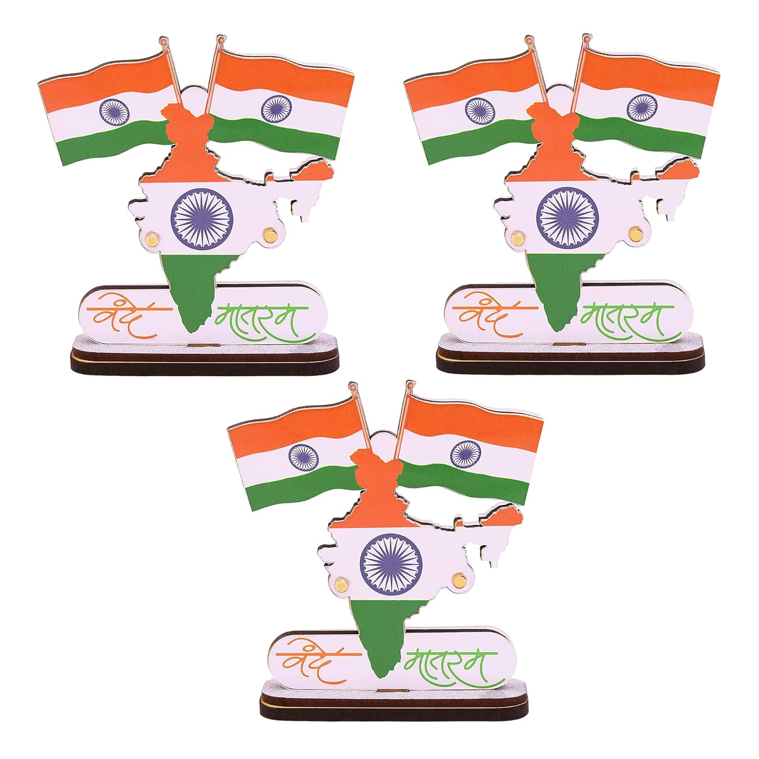 Indian Flags with Vande Mataram Wood Stand for Car Dashboard  (Pack Of 3)