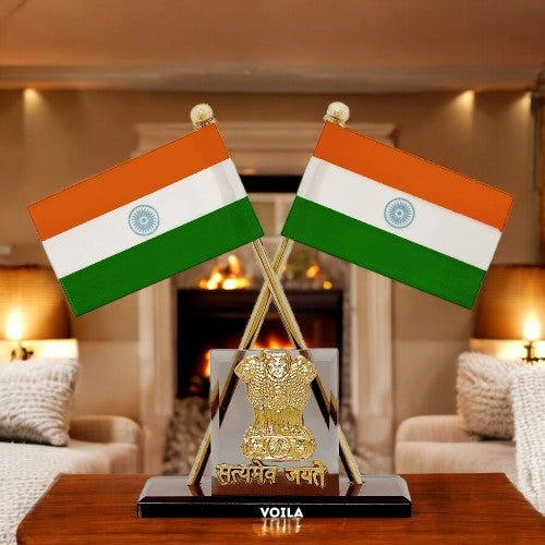 Indian Flag for Car Dashboard, Home and Office Table Indian National Cross Design Flags with Satyamev Jayate