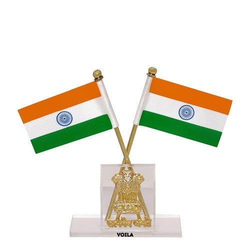 Indian Flag for Car Dashboard, Home and Office Table India Cross Flag with Rectangle Emblem Design