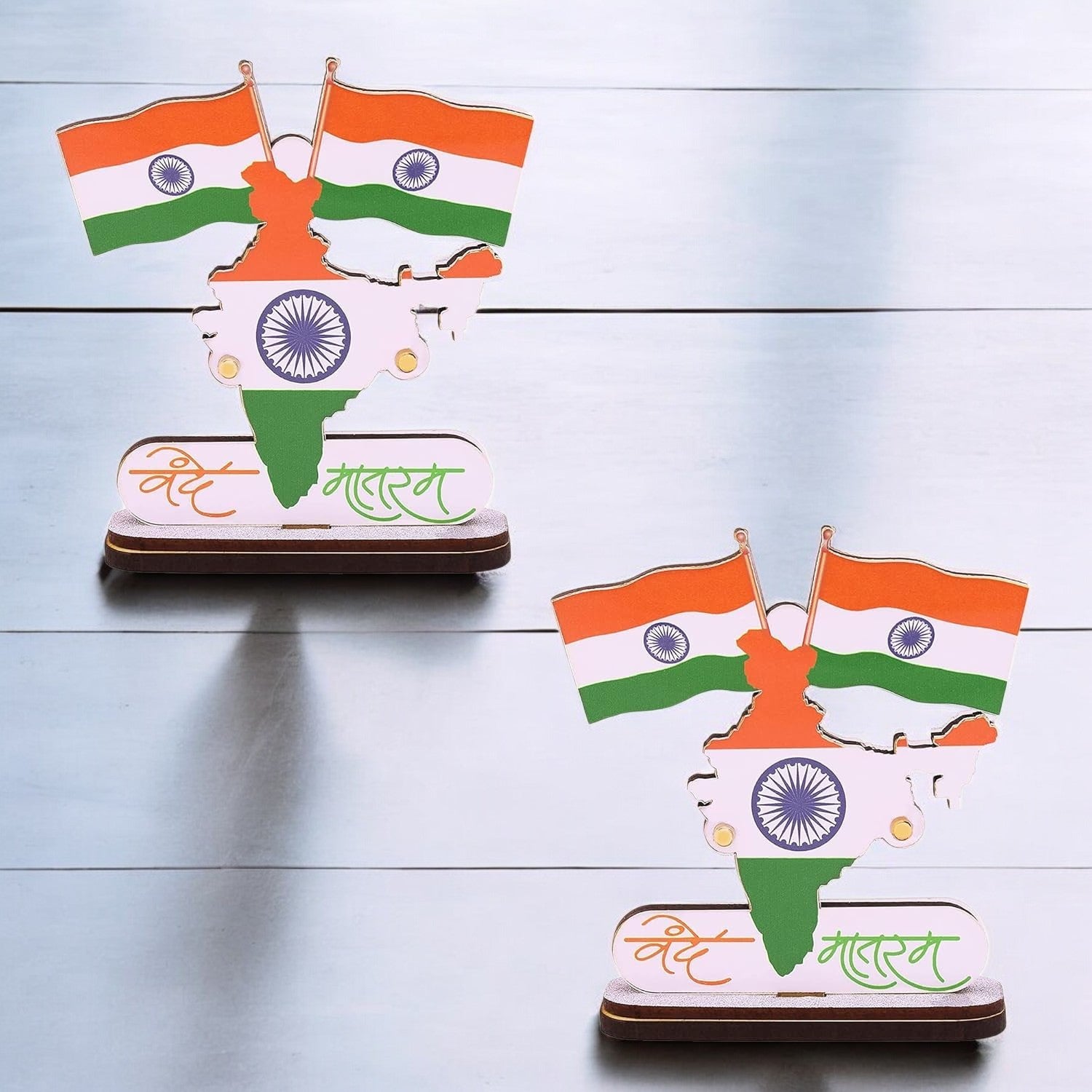 Indian Flags with Vande Mataram Wood Stand for Car Dashboard ( Pack Of 2)