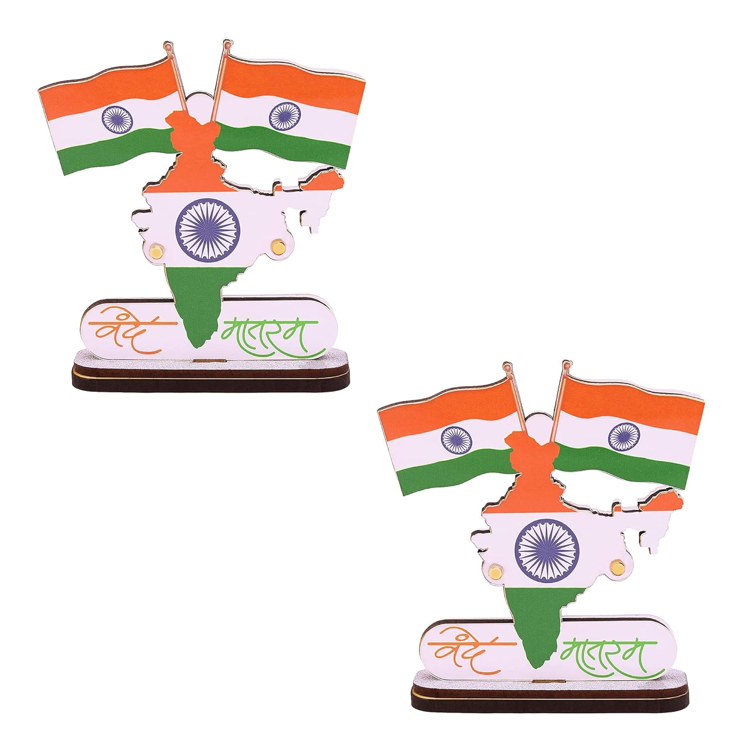 Indian Flags with Vande Mataram Wood Stand for Car Dashboard ( Pack Of 2)