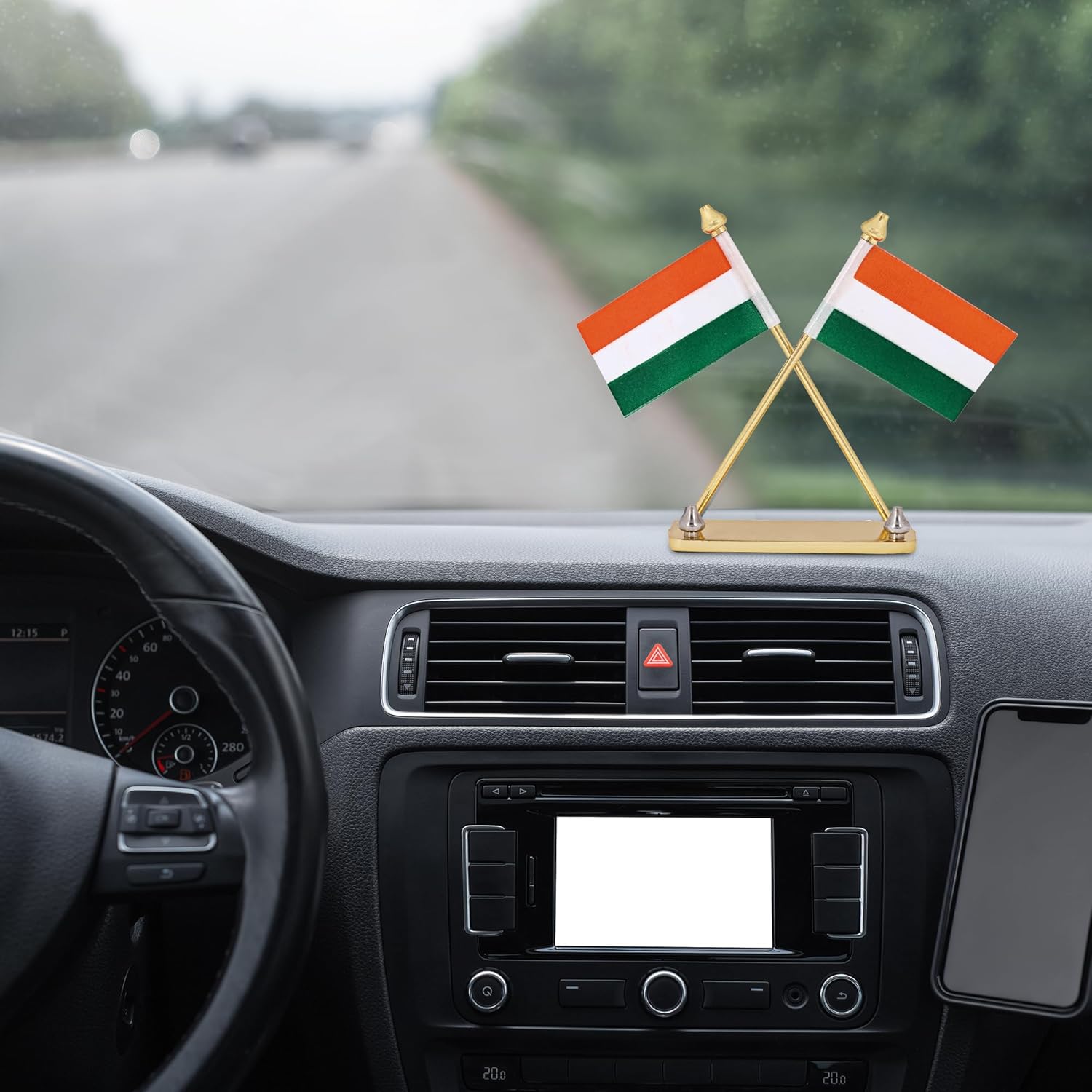 Indian Flag on Brass Pipes with Rectangular Metal Base Stand – Premium Car Dashboard & Office Decor