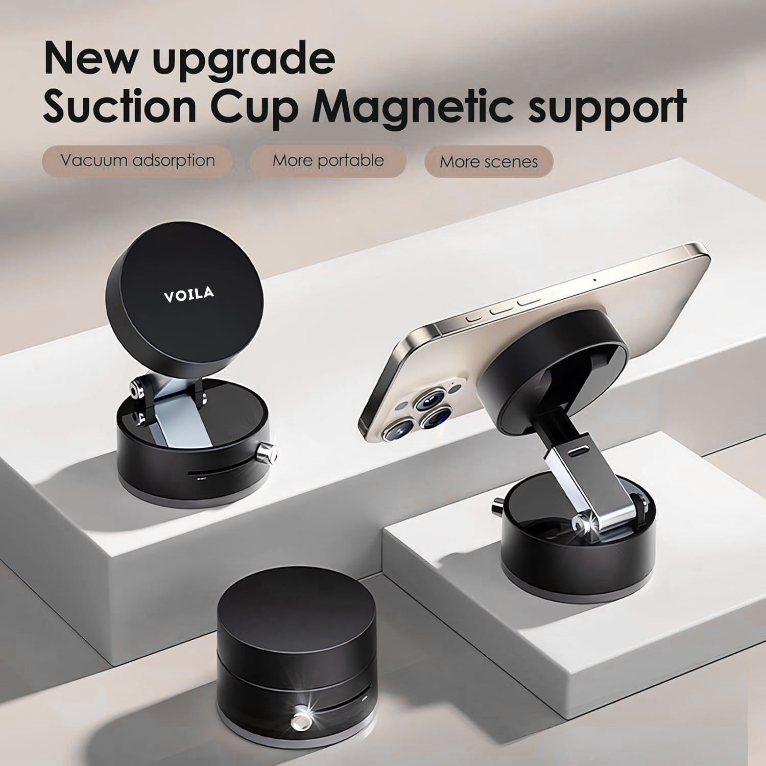 VOILA Magnetic Car Phone Holder with Strong Vacuum Suction, 360° Rotating Dashboard Mount, Shockproof Folding Double-Sided Stand for Car, Office, Gym & Table – Black