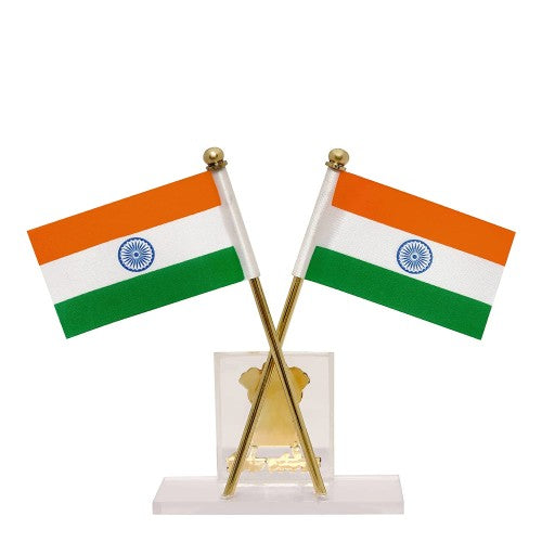 Indian Flag for Car Dashboard, Home and Office Table India Cross Flag with Rectangle Emblem Design