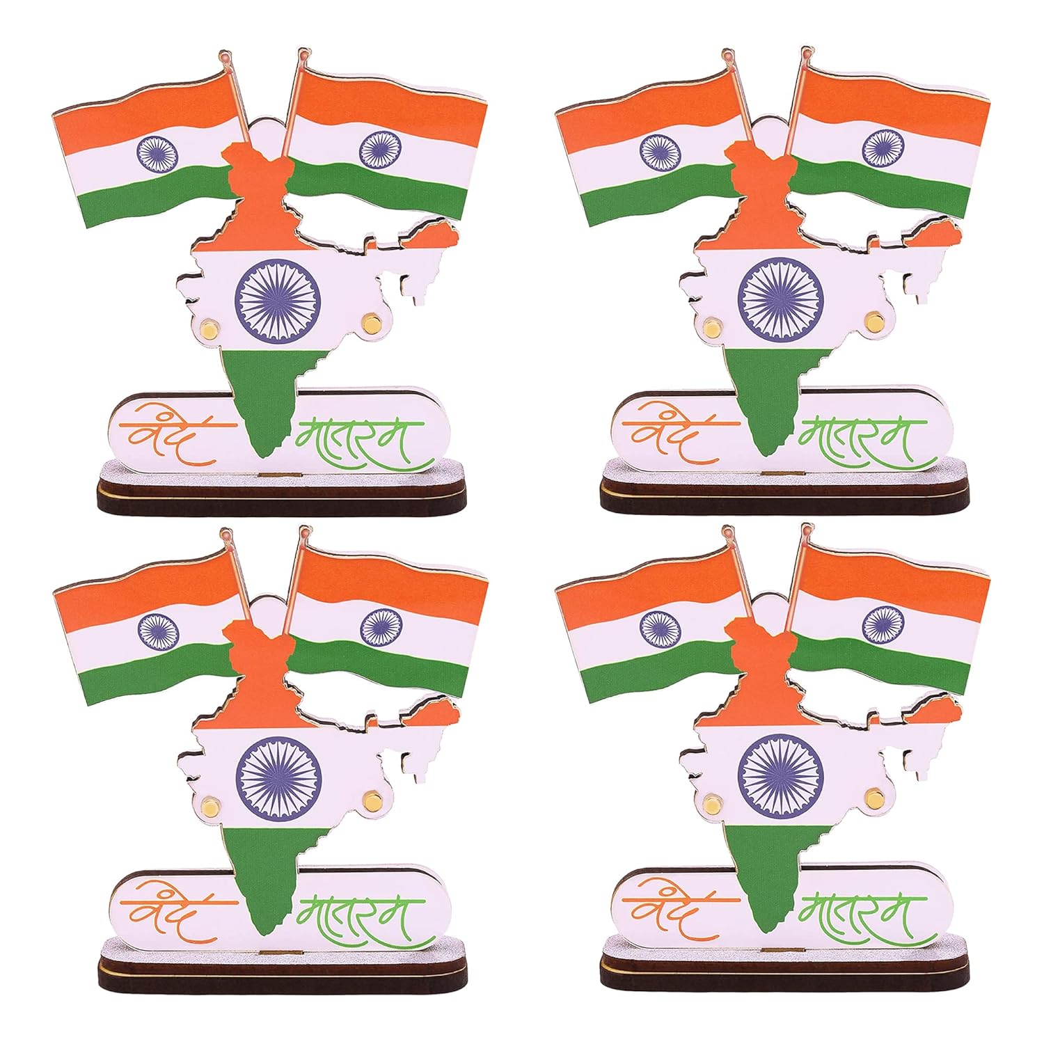 Indian Flags with Vande Mataram Wood Stand for Car Dashboard (Pack Of 4)