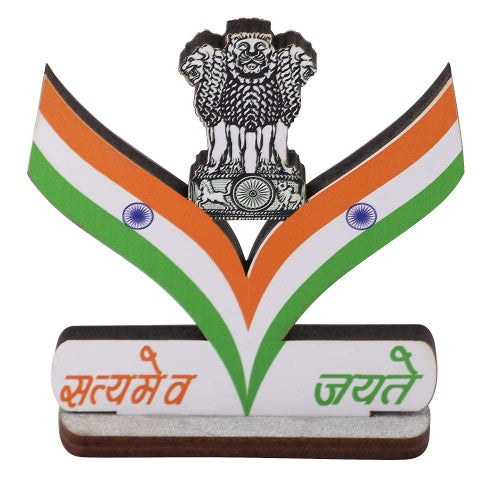 Indian Flag for Car Dashboard, Study Table, Home & Office Flag with Emblem, Triangle Arrow Designs and Satyamave Jayate