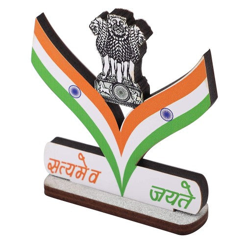 Indian Flag for Car Dashboard, Study Table, Home & Office Flag with Emblem, Triangle Arrow Designs and Satyamave Jayate