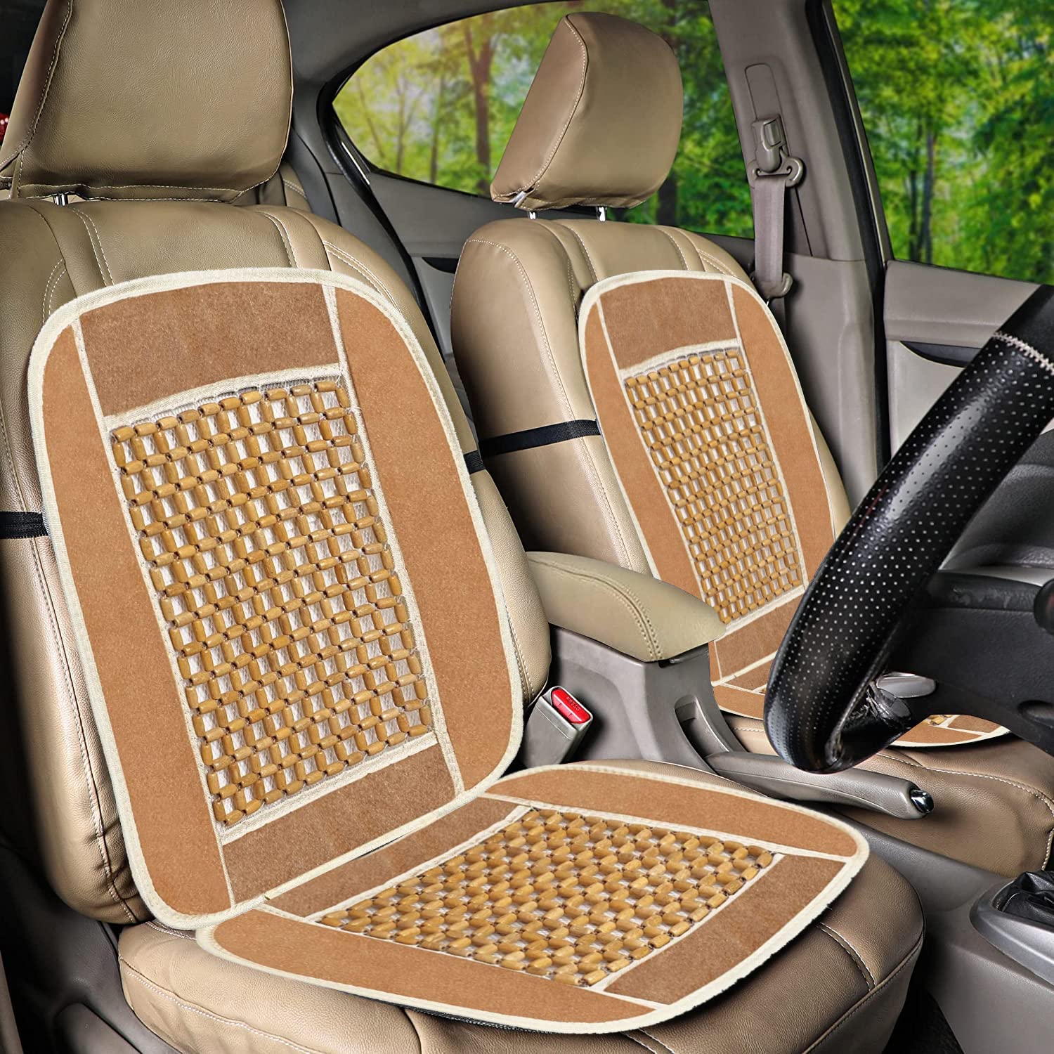 Wooden Beads Velvet Seat Cover for Car beige (Pack of 2)