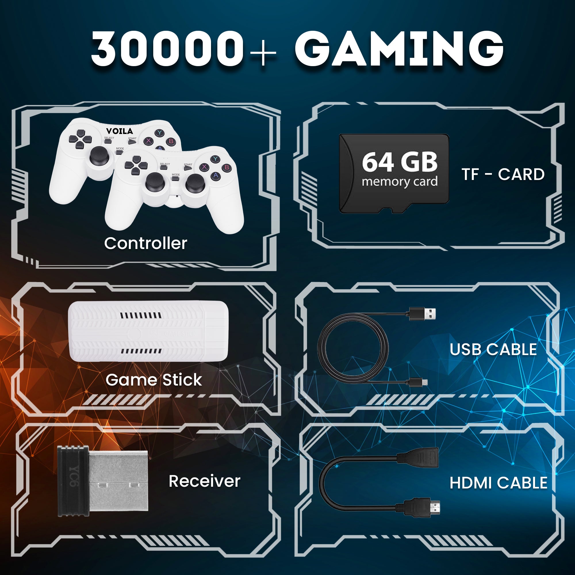 Voila M66 (X2) Retro GameStick 64GB 4K HD Output with 52 Emulators 30000+ Built-in Classic Games Plug & Play TV Gaming Console Dual Wireless Controllers Anti-Skid Design Two Player Support - PS1, PSP, Nintendo, NES and SNES