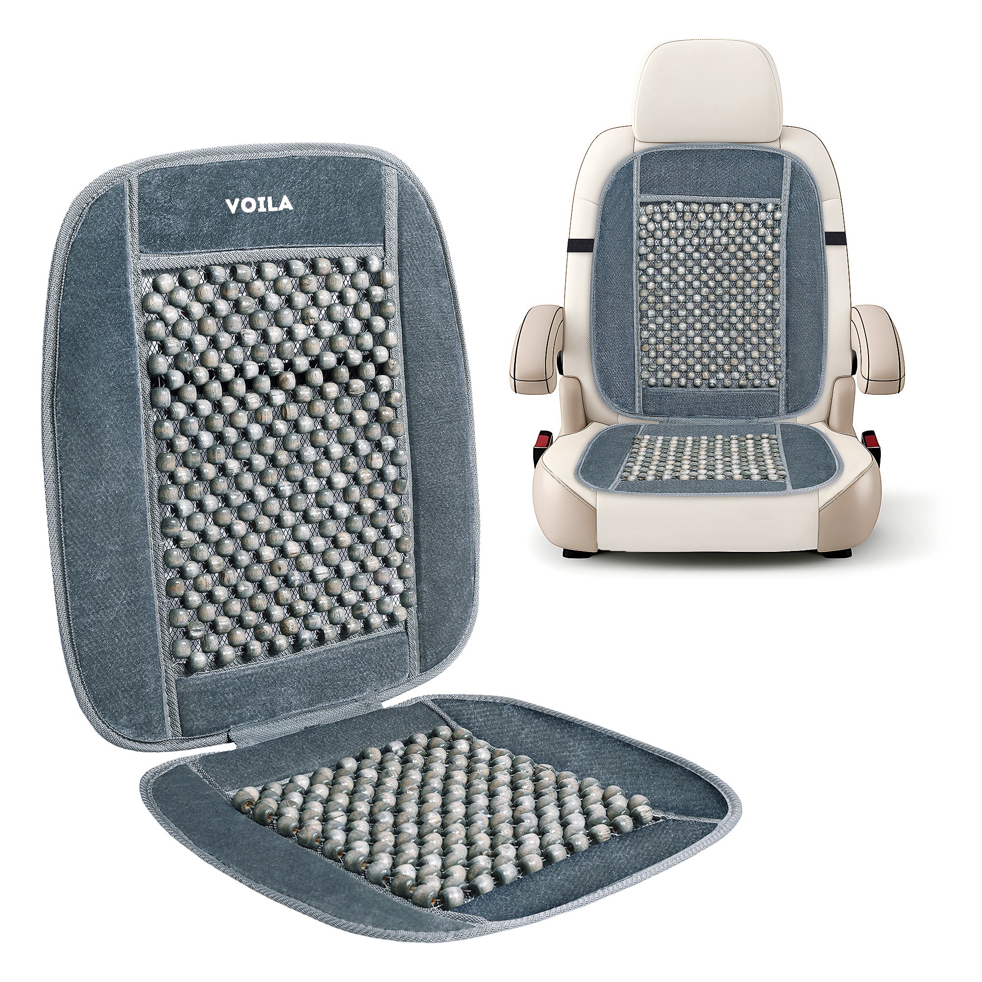 VOILA Wooden Beads Grey Velvet Seat Covers/Cushions for Cars, Chairs etc (Pack of 2)