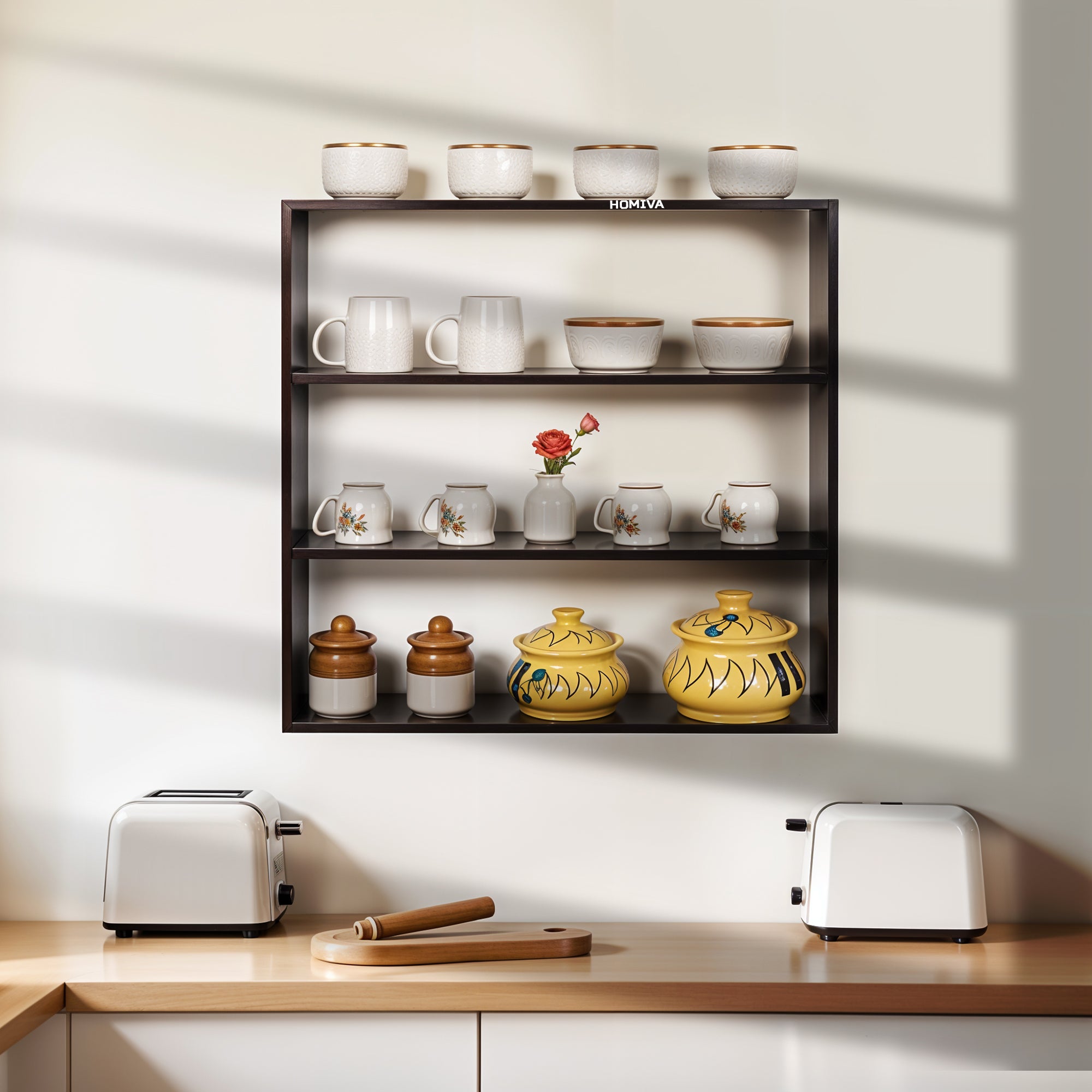 HOMIVA DIY Modern 4-tier Open Wooden Shelf, Ideal for Storing Crockery - Dark Brown