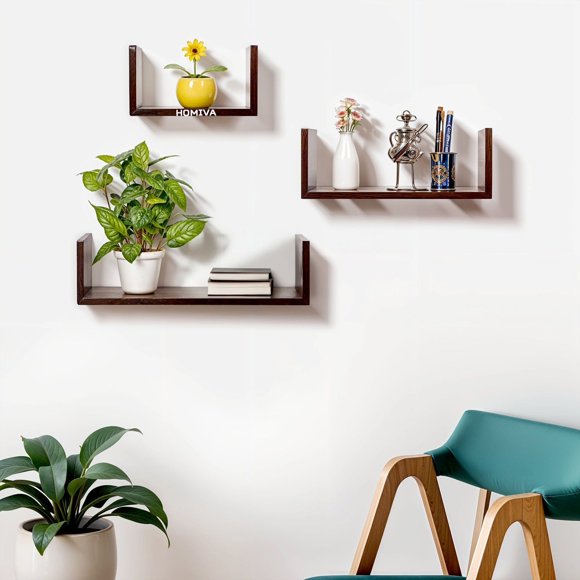 HOMIVA DIY Set of 3 U-shaped wall-mounted wooden shelves - Dark Brown