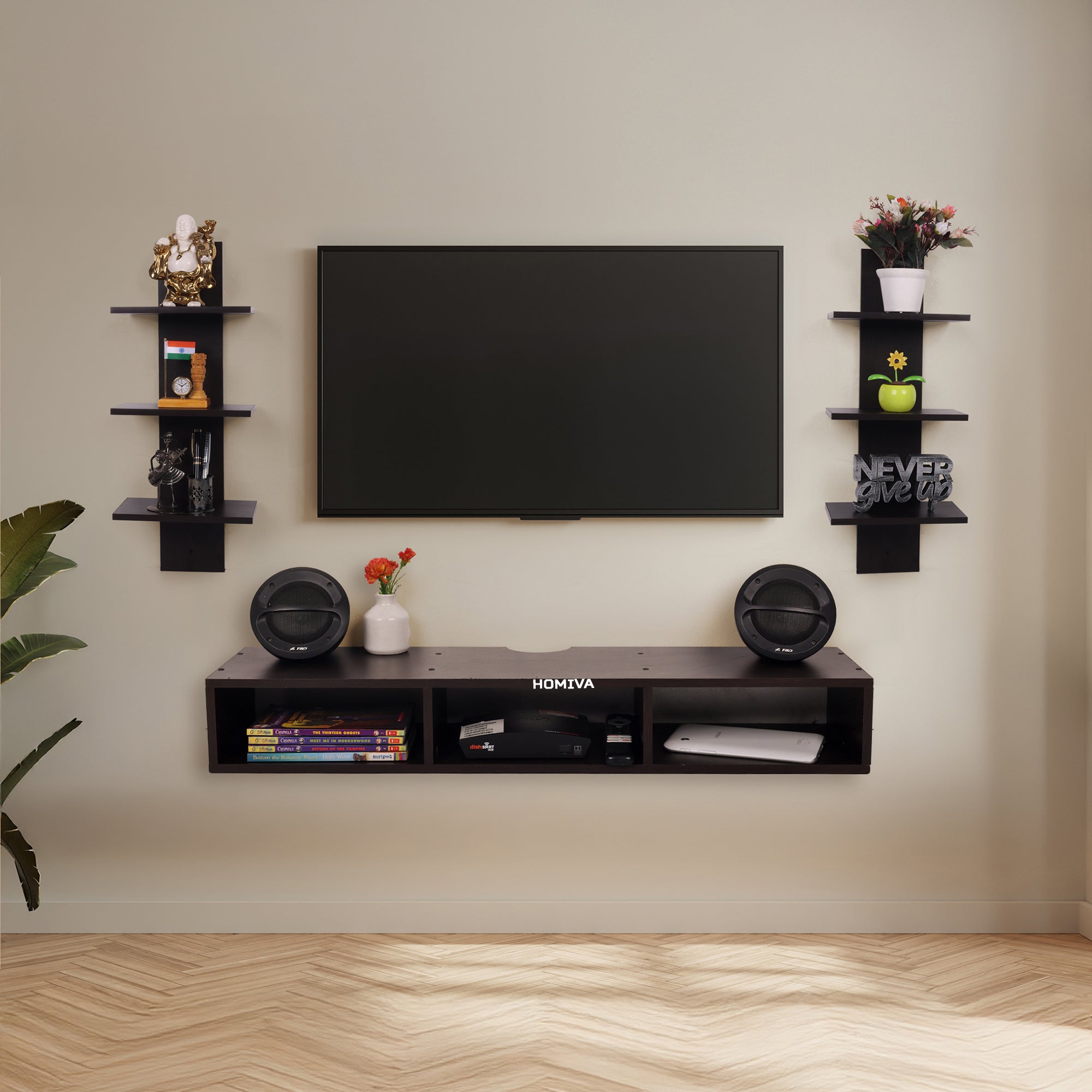 HOMIVA DIY Wall-Mounted 2 Triple-Layer Shelves and 1 3-Compartment Set - Brown