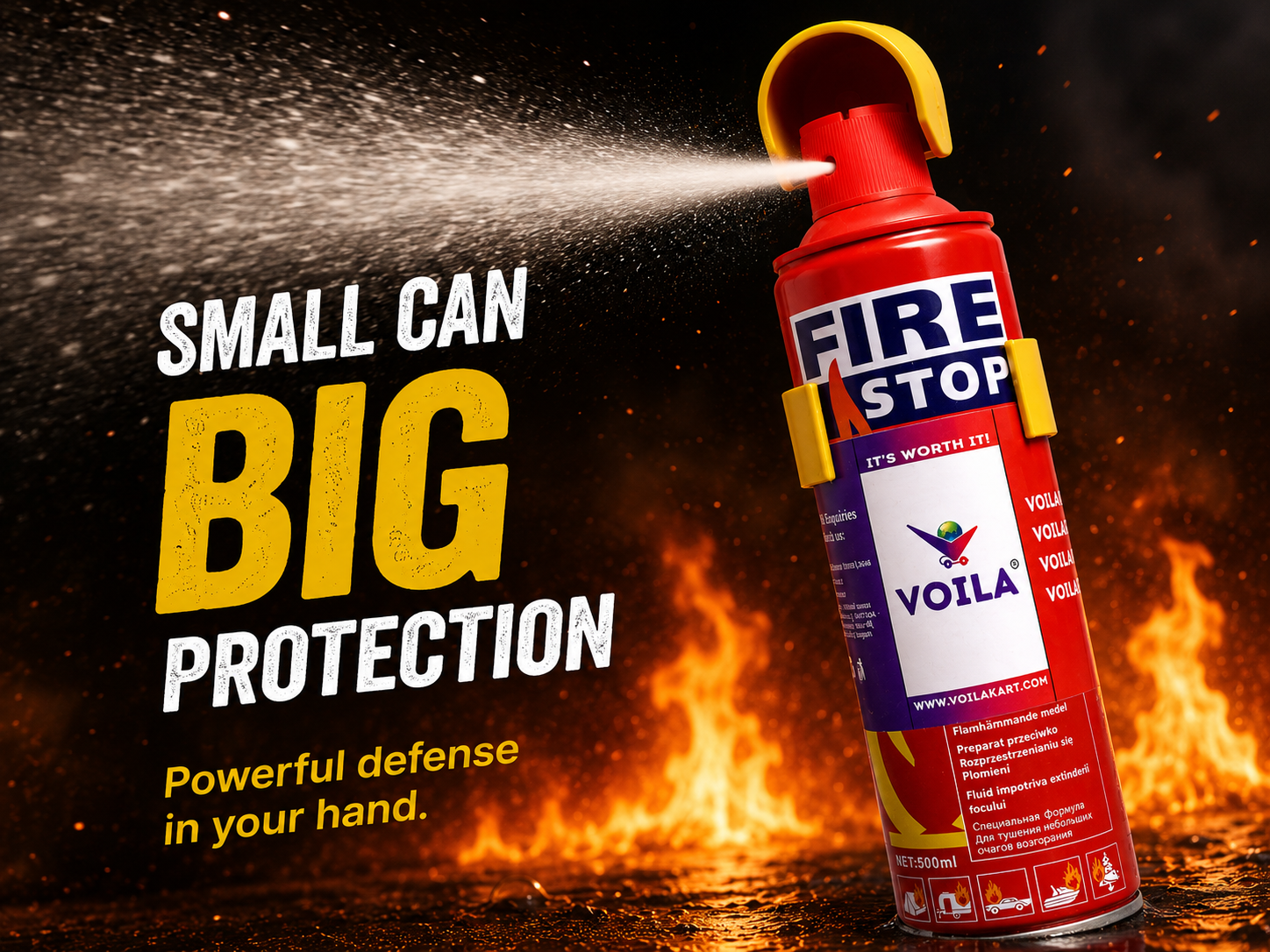 VOILA Fire Stop, Portable & Easy to use Aluminum 500 ml Fire Extinguisher Spray with Stand for Car, Auto, Cab, Taxi, Truck, Bus, Home and Kitchen (Pack of 4)