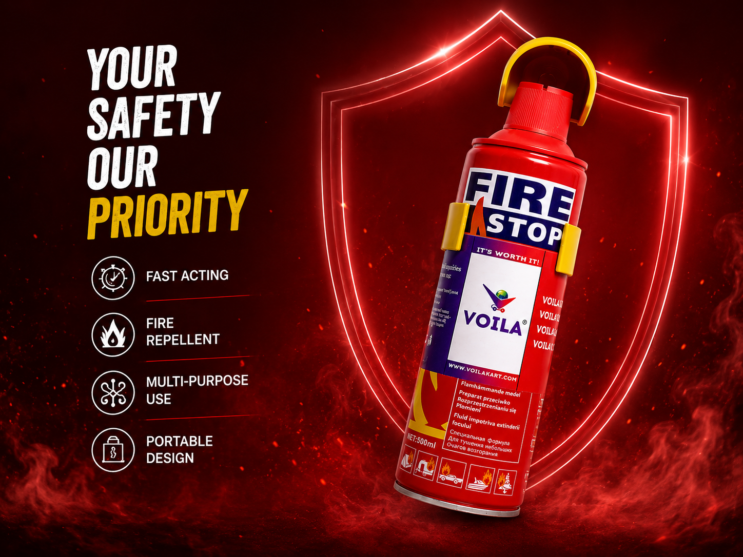 VOILA Fire Stop, Portable & Easy to Use Premium Aluminium 500 ml Fire Extinguisher Spray with Stand for Car, Taxi, Cab, Auto, Bus, Home and Kitchen etc