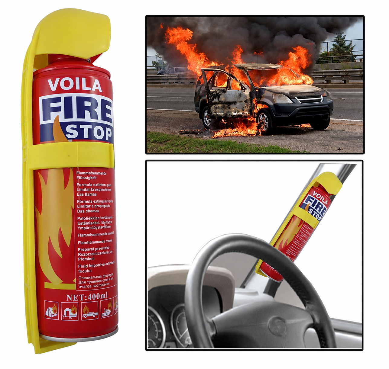 VOILA Fire Stop, Portable & Easy to Use Premium Aluminium 500 ml Fire Extinguisher Spray with Stand for Car, Taxi, Cab, Auto, Bus, Home and Kitchen etc