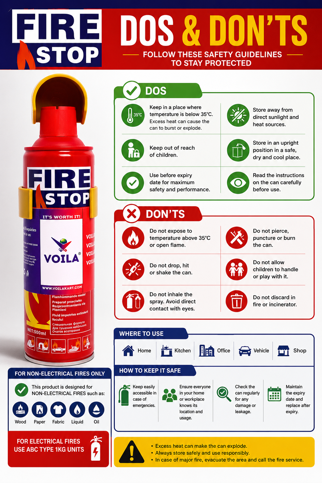 VOILA Fire Stop, Portable & Easy to Use Aluminum 500 ml Fire Extinguisher Spray with Stand for Car, Bus, Truck, Cab, Auto, Home & Kitchen etc (Pack of 3)