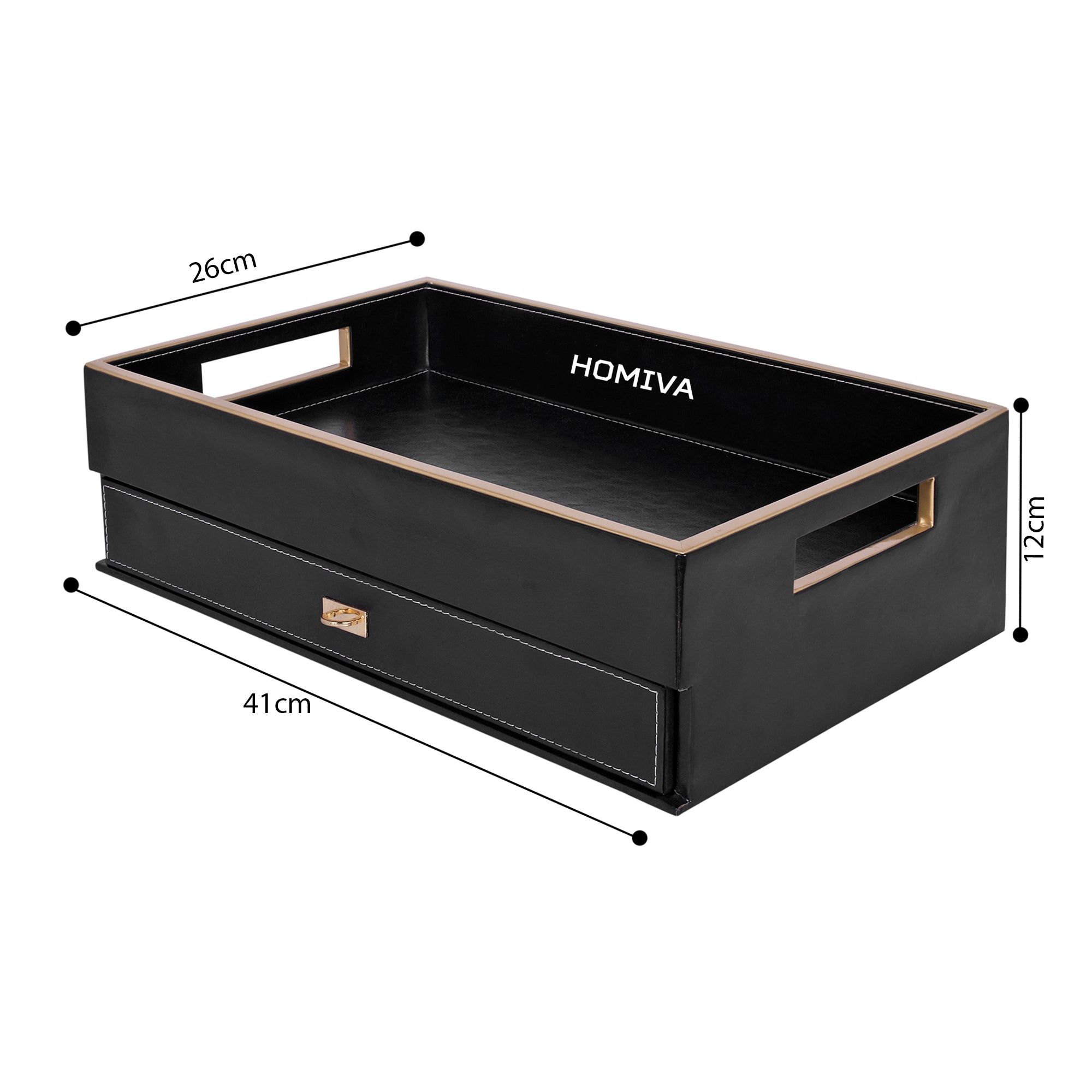 HOMIVA Premium Black Leatherette Drawer Organizer Tray with 8-Compartment Pull-Out Storage