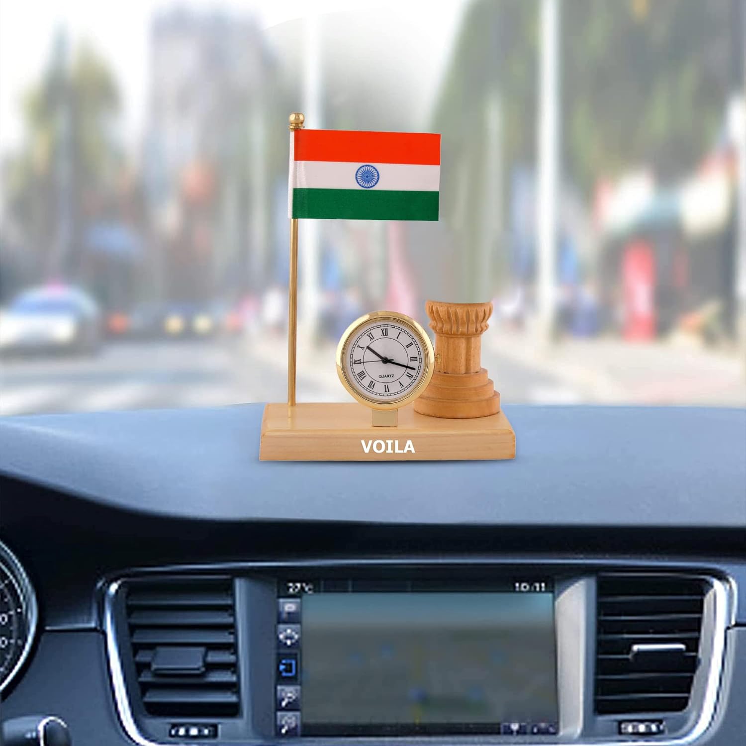 Indian Flag for Home Office and Vehicle (Auto,Car,Bus,Truck) Dashboad Wooden Carved Design with Single Stand Flag Clock