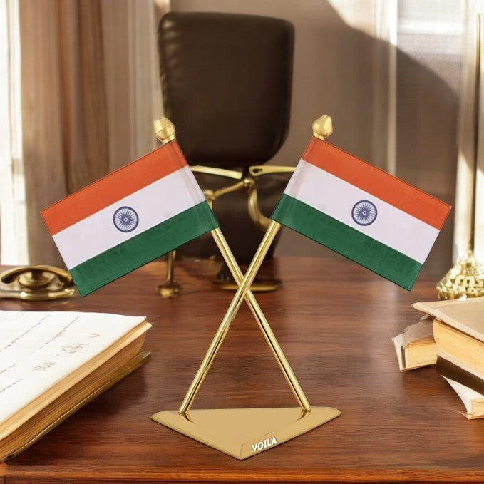 Indian Flag forVehicle(Auto,Car,Bus,Truck) Dashboard and Office Table Premium Brass Triangle Base