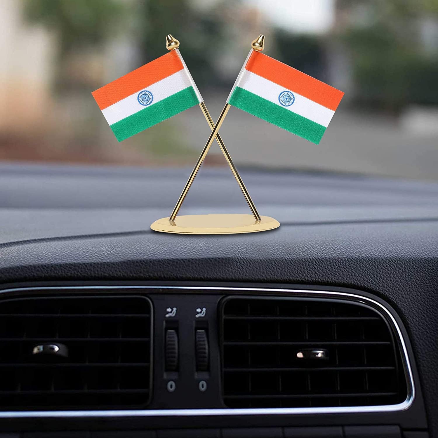 Indian Flag for Vehicle (Auto,Car,Bus,Truck) Dashboard and Office Table Premium Brass Round Base