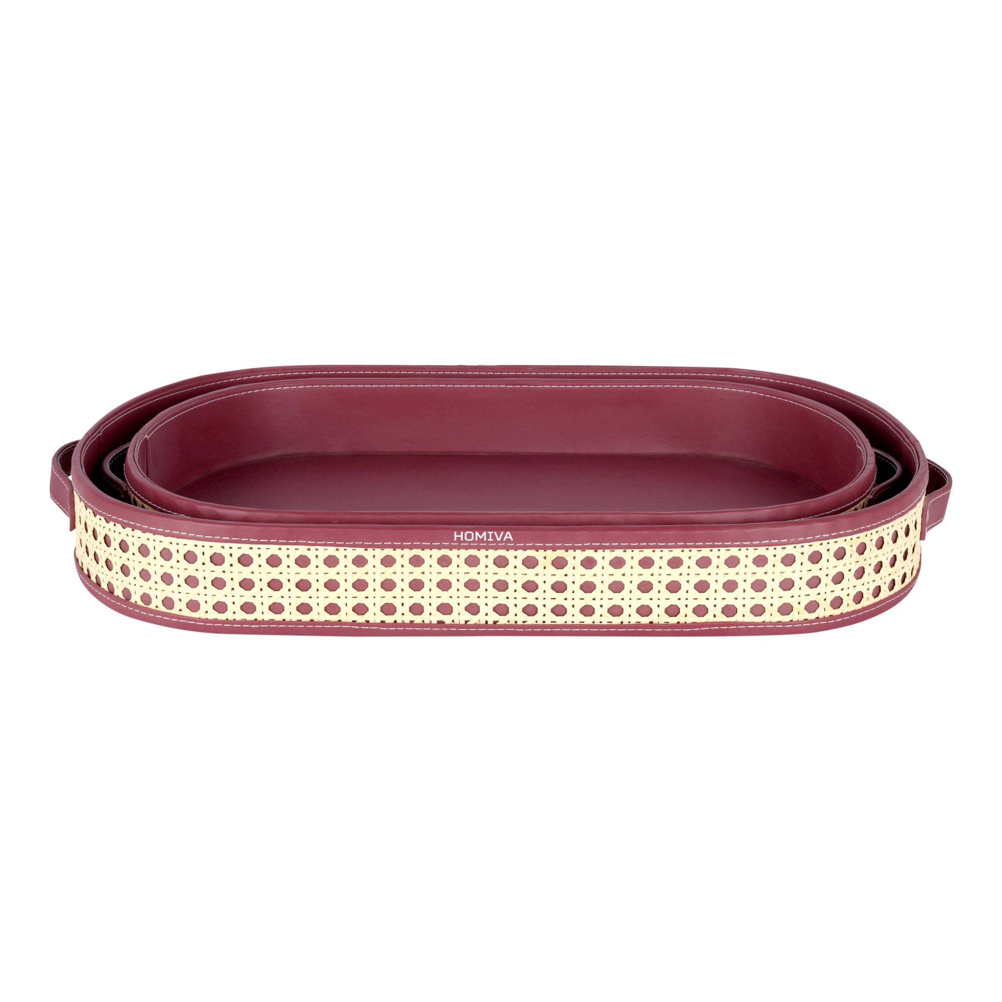 HOMIVA Set of 2 Oval Faux Leatherette Decorative Trays – Maroon & Beige
