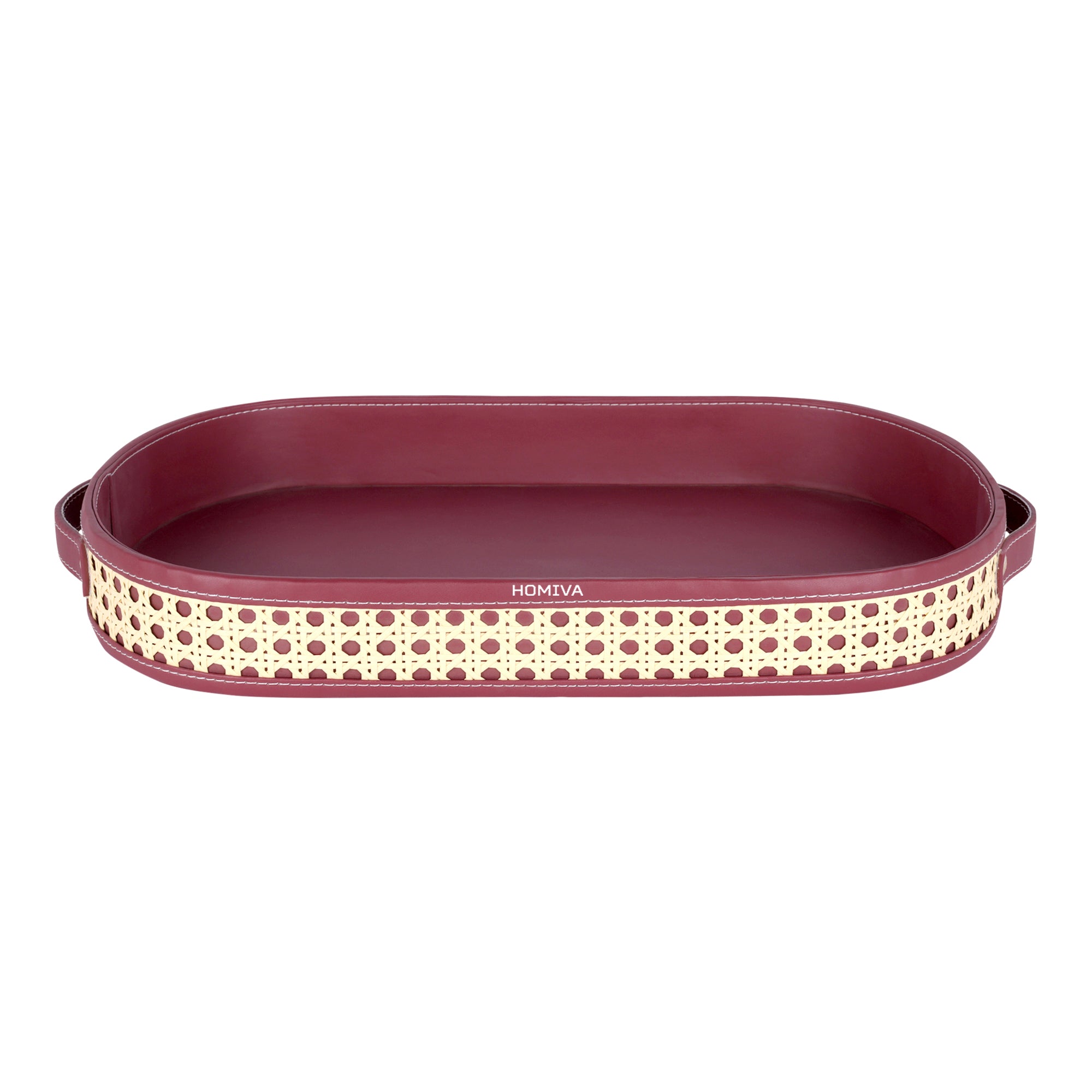 HOMIVA Oval Faux Leatherette Serving Tray with Cane Design & Handles – Maroon & Beige