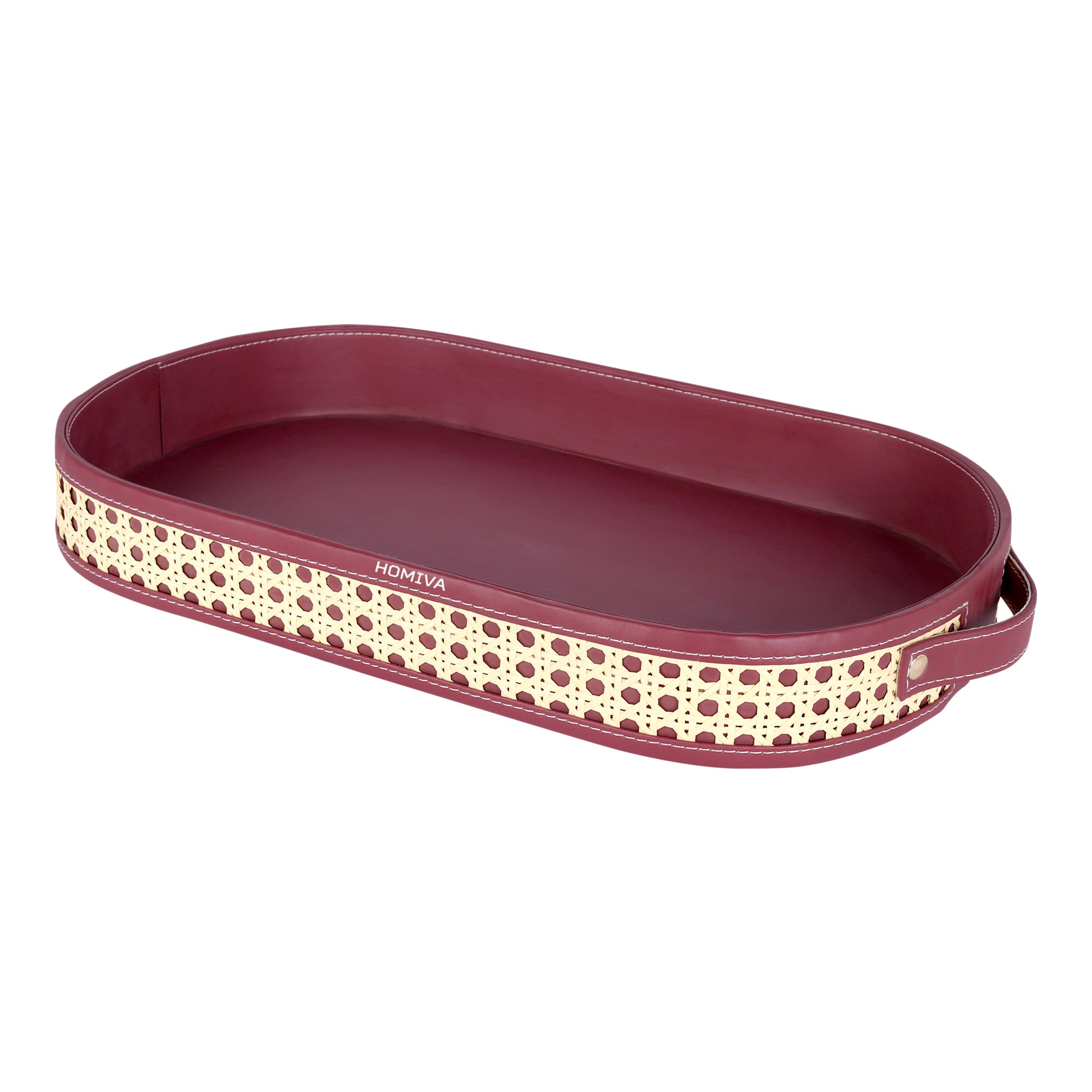 HOMIVA Oval Faux Leatherette Serving Tray with Cane Design & Handles – Maroon & Beige