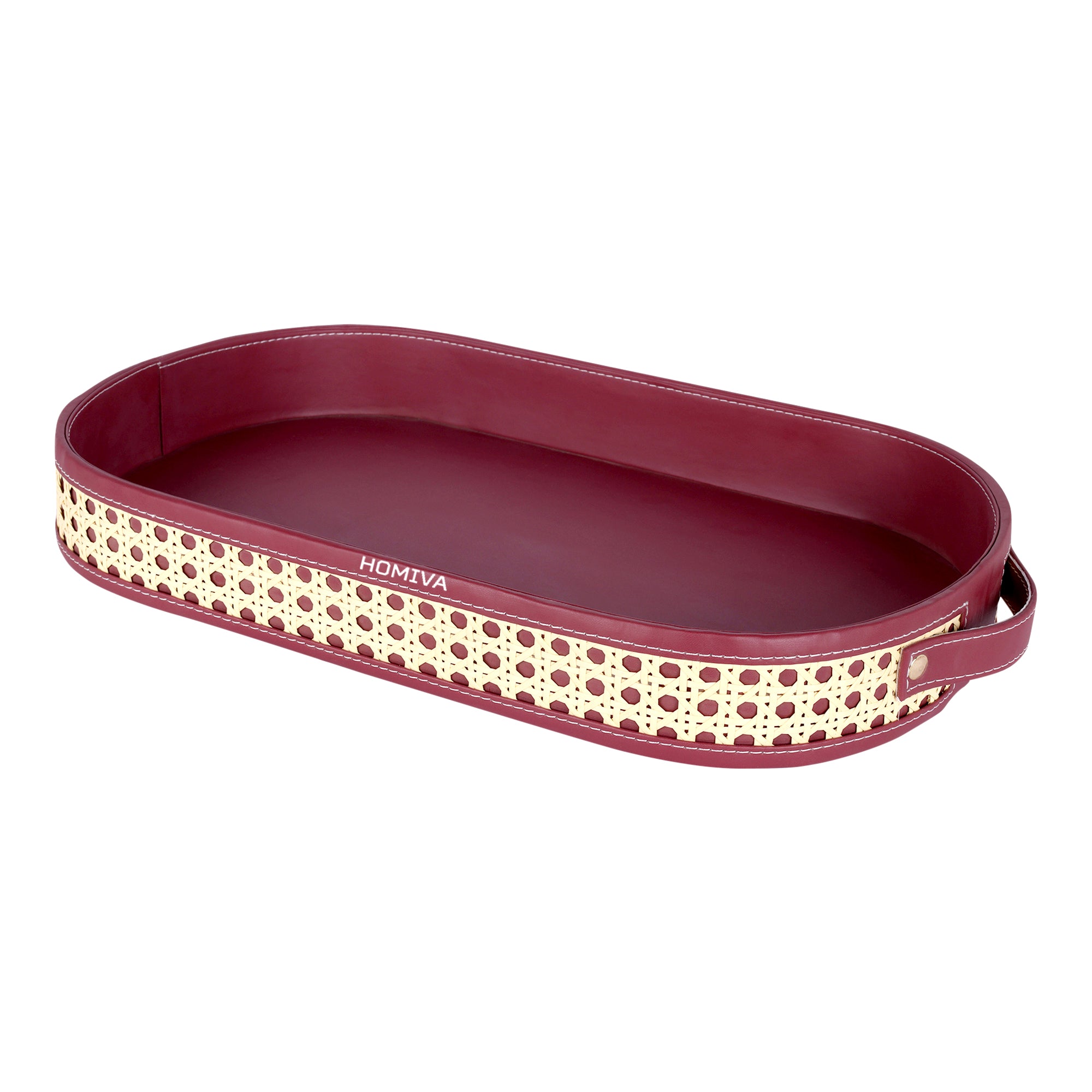 HOMIVA Oval Faux Leather Serving Tray with Cane Design & Handles (Large) – Maroon & Beige