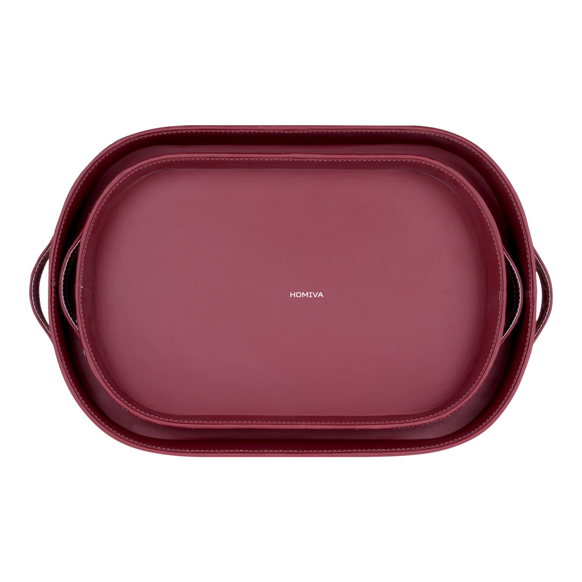 HOMIVA Set of 2 Oval Faux Leatherette Decorative Trays – Maroon & Beige