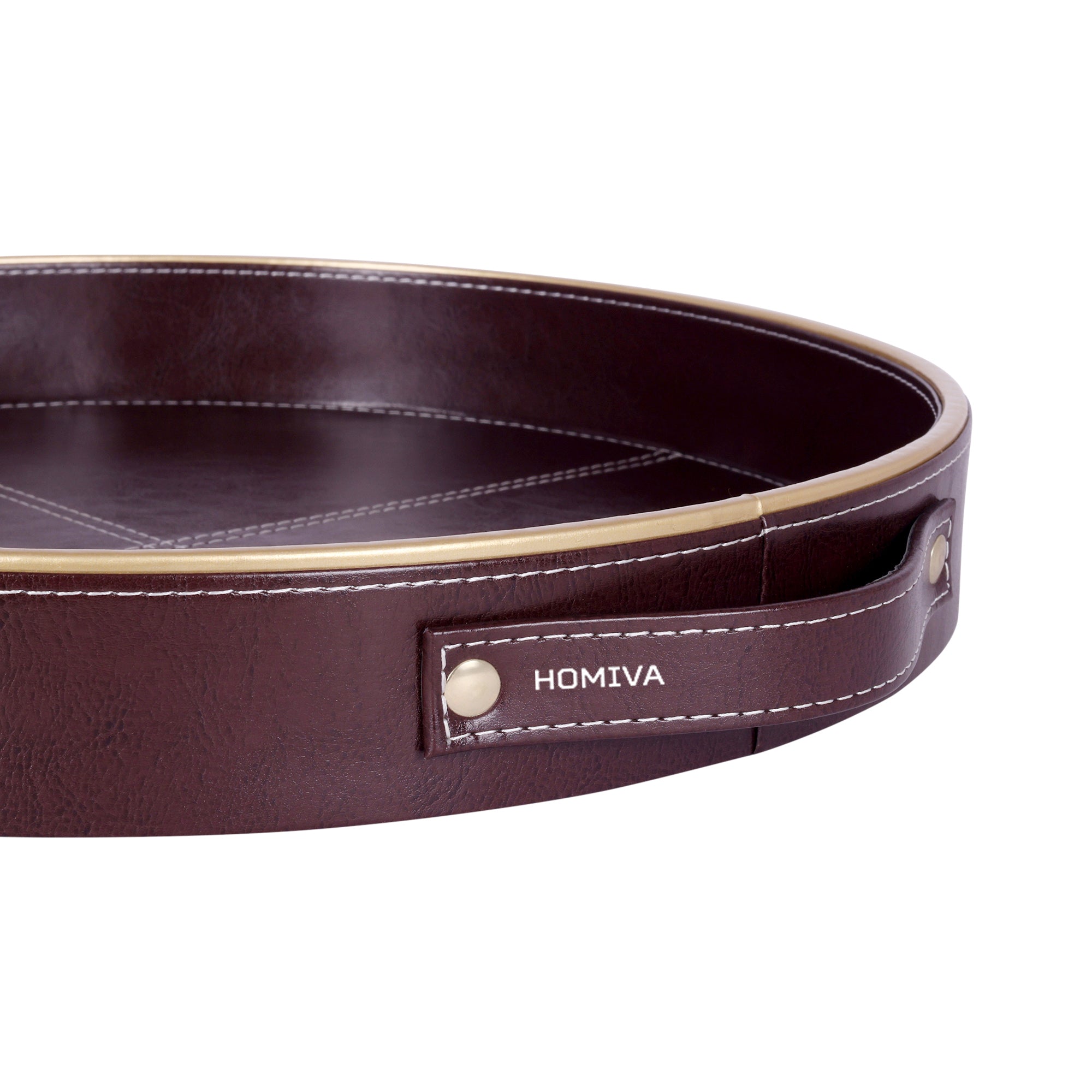 HOMIVA Round Leatherette Serving Tray with Handles & Gold Rim (Small) – Brown