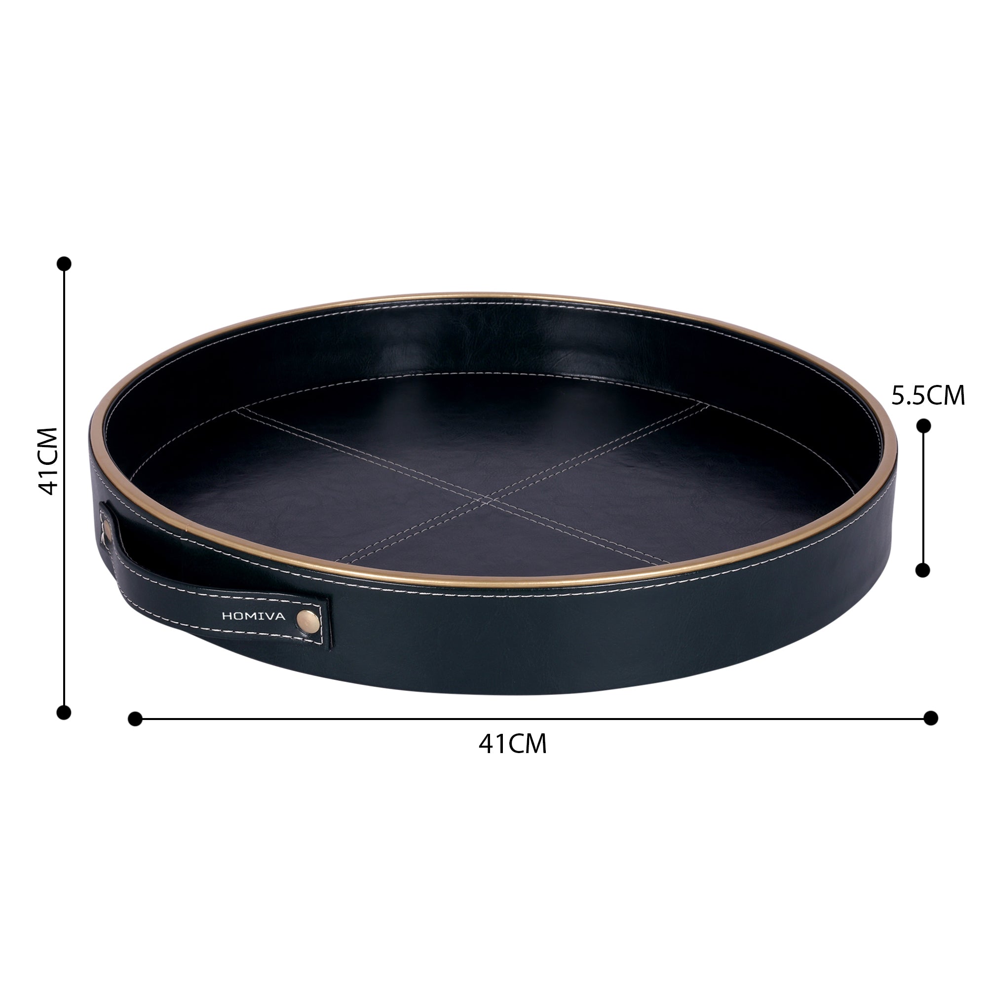HOMIVA Round Large Faux Leatherette Serving Tray with Gold Trim Handles – Dark Green