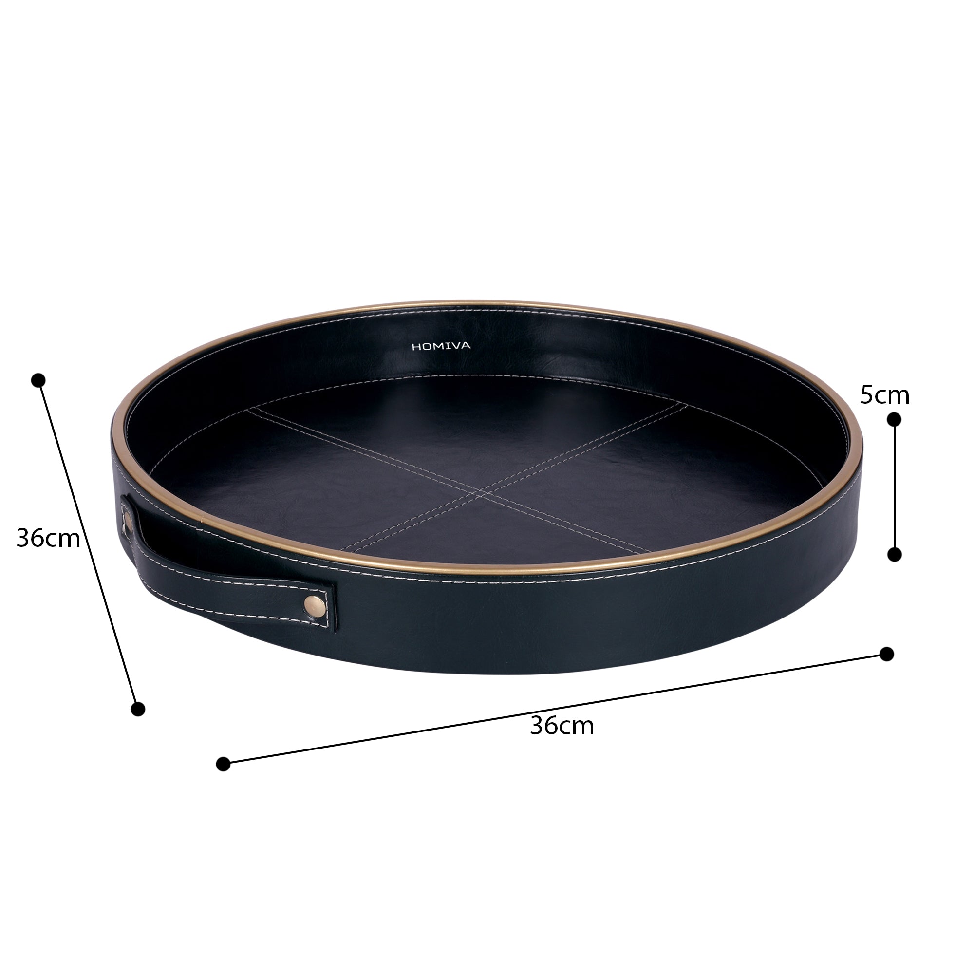 HOMIVA Round Faux Leatherette Serving Tray with Gold Trim Handles – Dark Green (Small)