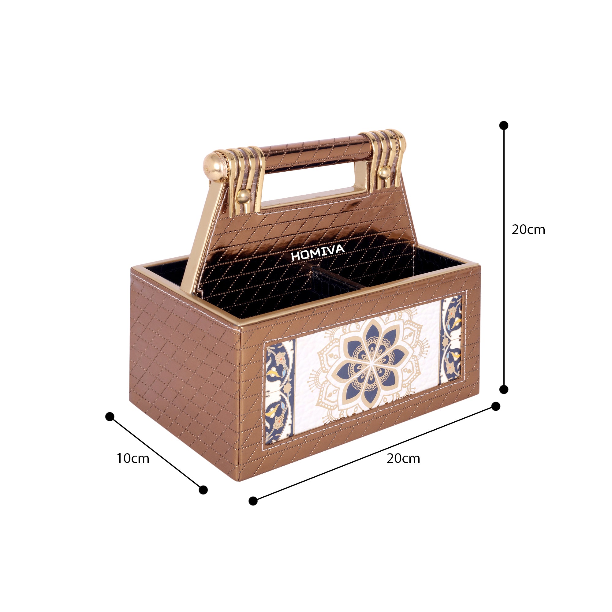 HOMIVA Premium Faux Leatherette 4-Compartment Storage Box with Handle - Brown