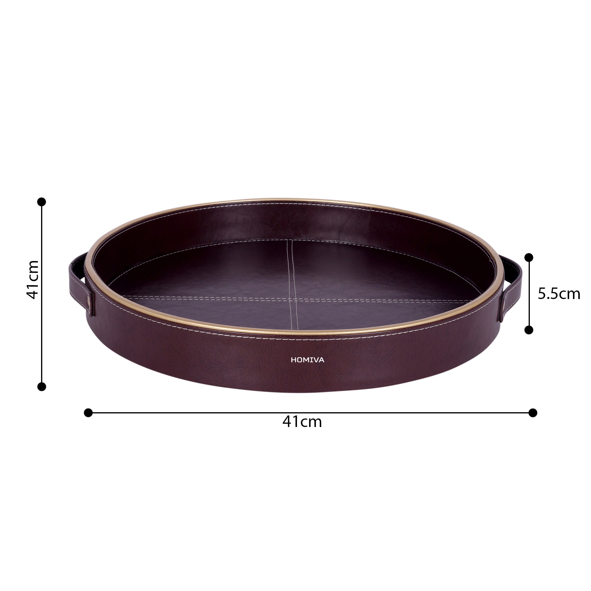 HOMIVA Round Leatherette Serving Tray with Handles & Gold Rim (Small) – Brown